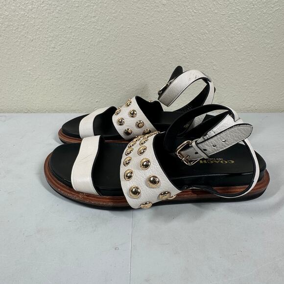 COACH DANNIE WHITE STUDDED BUCKLED FLAT SANDALS Size 8.5 B - Picture 2 of 5